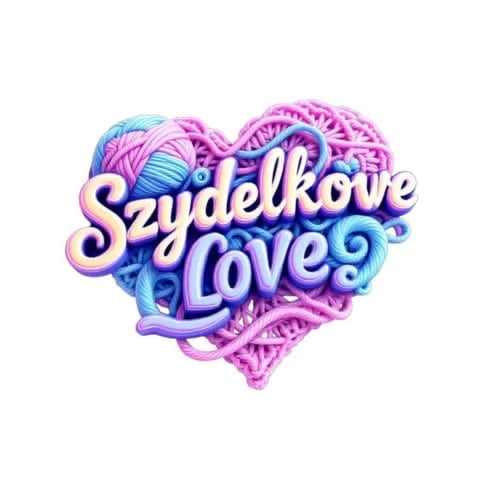 Logo Szydelkowe Love - serduszko z niebieską i różową włóczką